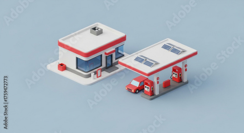 Isometric gas station with a car parked at the pump, , showcasing a miniature and simplified design