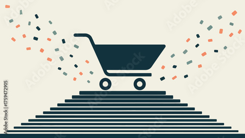 A shopping cart on stairs with confetti floating around it in a minimalist style illustration art