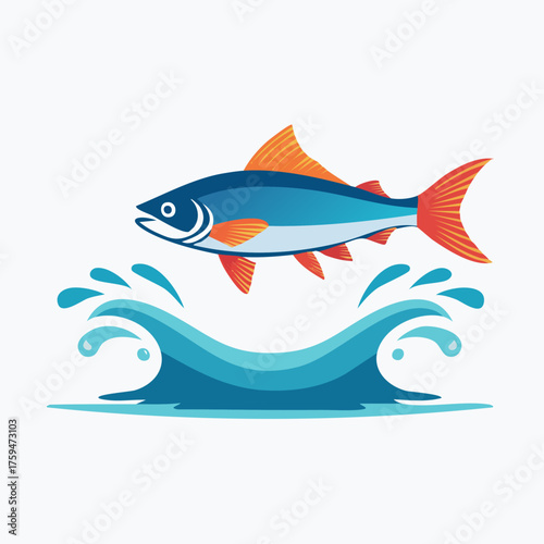 Fish Leaping Over Waves Illustration with Blue and Orange Colors.