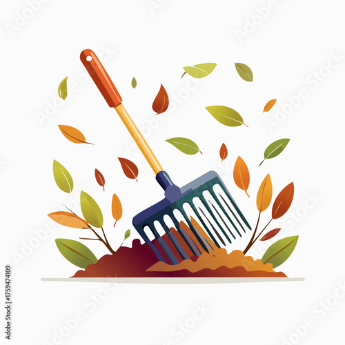 Garden Rake with Autumn Leaves Falling on Soil.