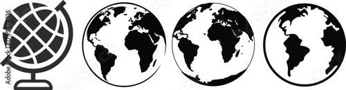 Minimalist black and white vector globe icons and Earth views. Ideal for global concepts, international travel, geography, and worldwide connectivity designs