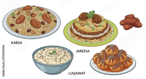 Delicious Arabic dishes including Kabsa, Luqaimat, and Jareesa