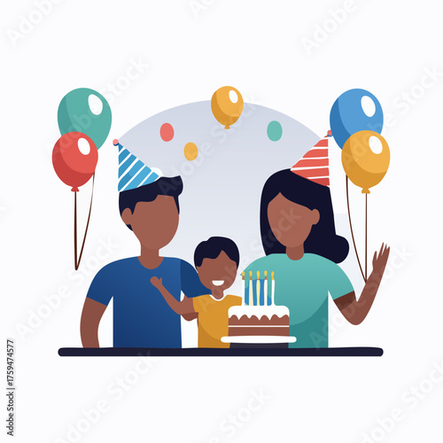 Happy family celebrating a birthday with cake and balloons.