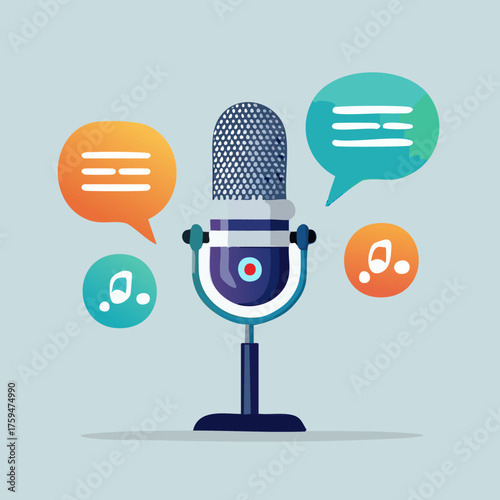 Microphone with Speech Bubbles and Music Notes Representing Podcast or Audio Content.