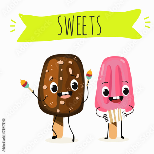 Tasty ice creams, ice-cream cones and popsicle, funny characters, hand drawn vector illustration.