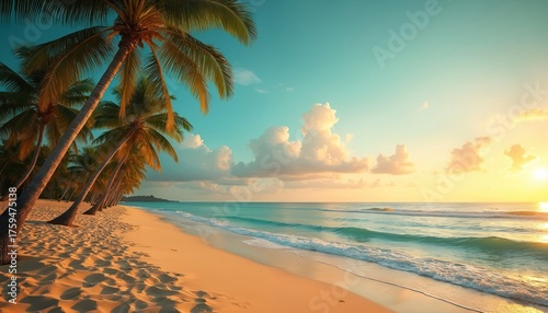Tall palm trees line warm golden sandy beach. Calm ocean waves roll onto shore gently. Vibrant sun sets over blue turquoise water, soft clouds. Tropical island, beautiful evening light, summer