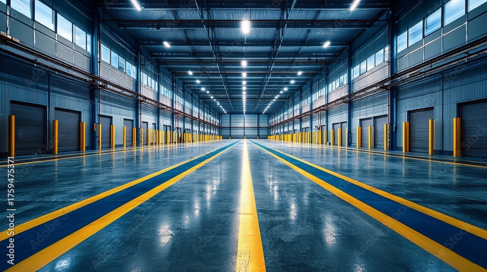 Fototapeta premium Interior View of a Modern Empty Warehouse with Yellow Safety Lines, Metal Structure, Roller Doors and Bright Lighting System.