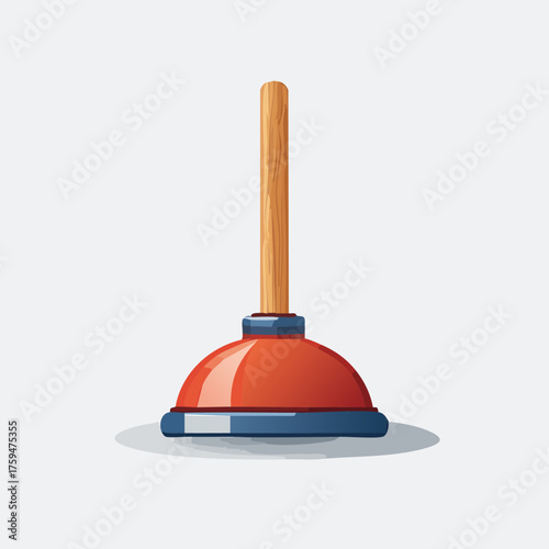 Red and Blue Plunger with Wooden Handle on White Background.