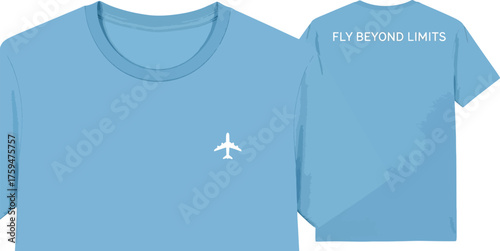 A light blue tshirt isolated on white background features a small airplane icon on the front, symbolizing travel and exploration, while the back displays the inspiring phrase fly beyond limits, encour