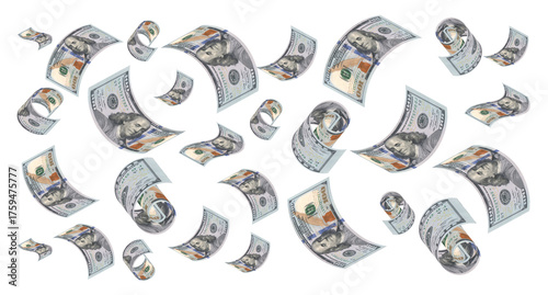 Floating One Hundred Dollar Bills on Transparent Background
