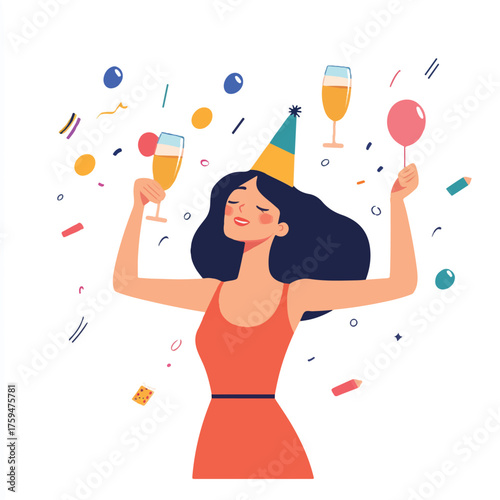 Happy woman celebrating with a party hat and drinks
