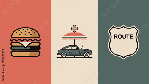 A burger a car under an umbrella and a route sign divided into three vertical color panels design