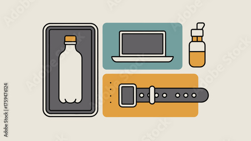 Flat lay illustration of a water bottle laptop eye drops and watch on a beige background color scheme