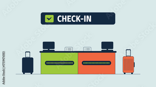 Illustration of an airport check in counter with two suitcases and two computer monitors