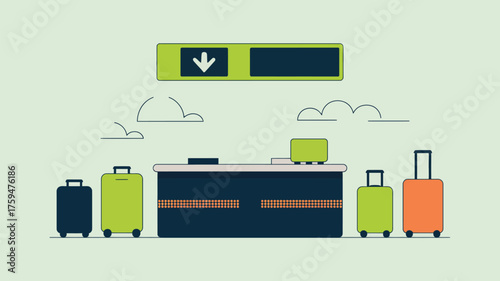 A luggage drop off area with suitcases and a conveyor belt with a sign above on a light green background