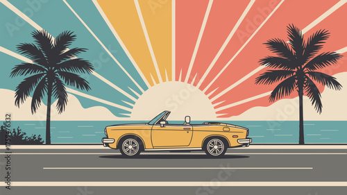 A yellow convertible car driving along a coastal road with palm trees and a retro sunset background