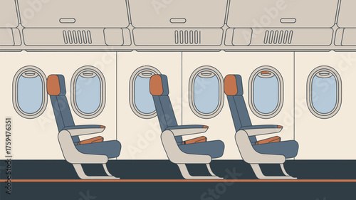 Illustration showing interior of an airplane with three seats and three windows in a row view from aisle