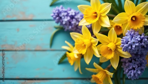Wallpaper Mural Fresh spring bouquet of yellow daffodils purple hyacinths and muscari flowers rests on rustic turquoise wooden surface. Floral arrangement blossoms in vibrant colors. Torontodigital.ca