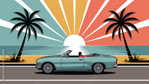 A vintage convertible car driving along a coastal road with palm trees and a sunset background scene