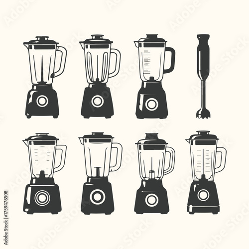 Vector art of collection of various blender types and a hand blender, isolated on a light background