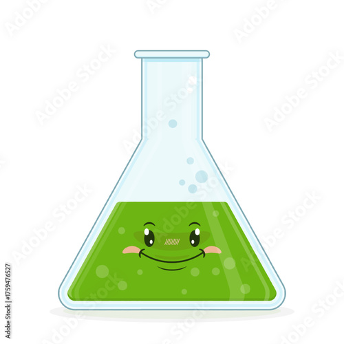 Erlenmeyer flask with green liquid smile face cartoon cute
