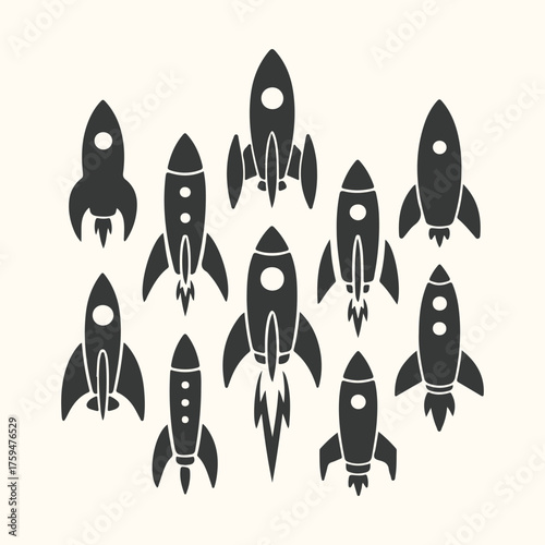 Vector art of a collection of black rocket ship icons arranged in a dynamic pattern against a cream background