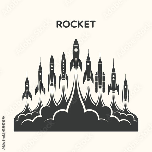 Vector art of a fleet of rockets launching into space with smoke and fire effects, symbolizing space exploration and innovation