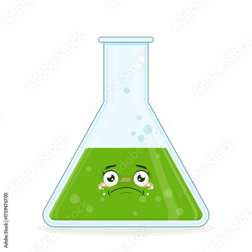 Erlenmeyer flask with green liquid crying face cartoon cute