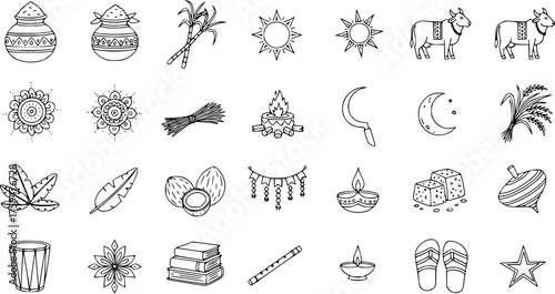 Hand drawn doodle style vector icons for Indian harvest festivals like Pongal and Makar Sankranti. Featuring traditional symbols: sun, cows, sugarcane, diya lamps, fruits, rice.