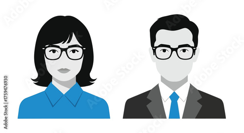 Vector illustration of illustration of a man and woman wearing glasses the man is wearing a suit and tie, and the woman is wearing a blue shirt