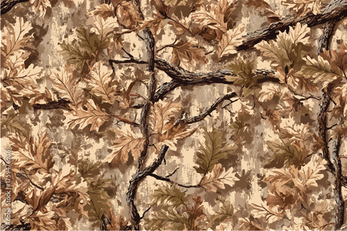 camouflage pattern with oak leaves and branches, creating an organic feel for hunting attire or nature-themed designs.Camouflage pattern background for hunting and military purposes. 