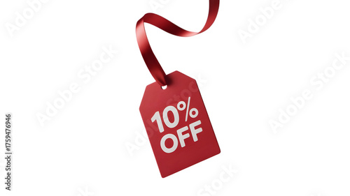 A red tag with 10 off text and a ribbon isolated on transparent background
