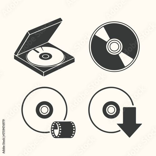 Vector art of set of icons representing cd, dvd, and data storage, including a case and download symbol