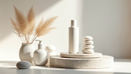 Minimalist display with cosmetic bottles on stone stands. Natural pampas grass adds decor. Clean aesthetic for beauty products and spa branding presentation.