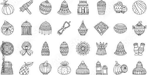Hand Drawn Doodle Collection of Cultural, Traditional, and Decorative Objects. Line Art Illustrations Set with Ornate Vessels, Lanterns, and Abstract Patterns.
