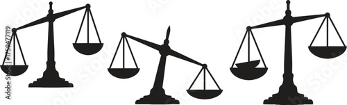 Vector art of three dark blue silhouette illustrations of justice scales