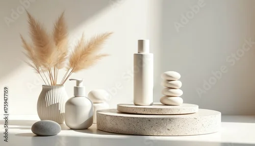 Obraz Minimalist display with cosmetic bottles on stone stands. Natural pampas grass adds decor. Clean aesthetic for beauty products and spa branding presentation.