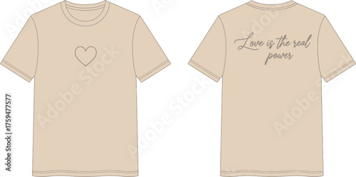 Beige tshirt isolated on white background featuring a heart outline on the front and the phrase love is the soul power on the back, perfect for showcasing minimalist and inspirational designs for casu