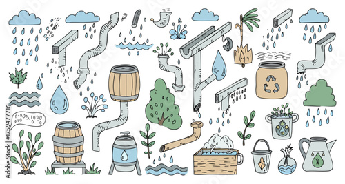 Rainwater Harvesting and Water Conservation Hand-Drawn Doodle Set