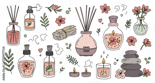 Relaxing Spa and Aromatherapy Hand-Drawn Doodle Elements Set