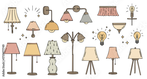 Stylish Home Lighting Solutions with Hand-Drawn Lamp and Bulb Doodles
