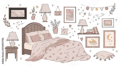 Charming Cozy Bedroom Interior and Home Decor Hand-Drawn Doodles