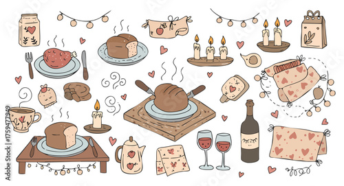 Romantic Dinner Celebration and Cozy Evening Hand-Drawn Doodles Set
