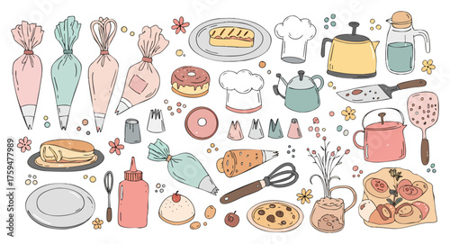 Essential Baking Tools and Delicious Confectionery Hand-Drawn Doodles