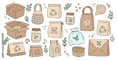 Sustainable Eco-Friendly Packaging Hand-Drawn Doodle Vector Set