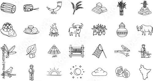 Assamese Bihu Festival and Cultural Heritage Line Art Icons Set
