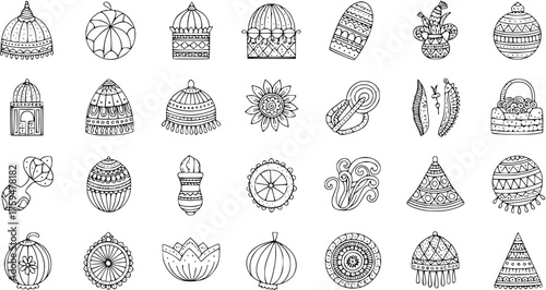 Hand-drawn Black  White Doodle Set of Ethnic, Indian  Festival Ornaments. Folk Art Decor Elements  Traditional Patterns Collection.