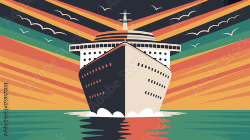 Illustration of a cruise ship sailing on the ocean with a colorful striped background and birds flying above