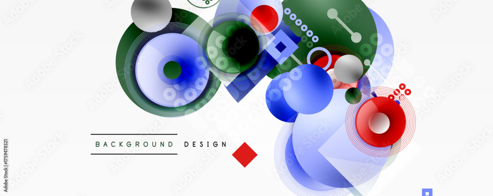 Obraz premium Abstract geometric shapes overlap. Circles, squares, lines create modern design. Colors include blue, red, green, gray. Minimalist composition.