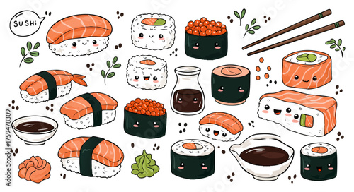 Adorable Sushi and Japanese Food Hand-Drawn Doodle Icons Set